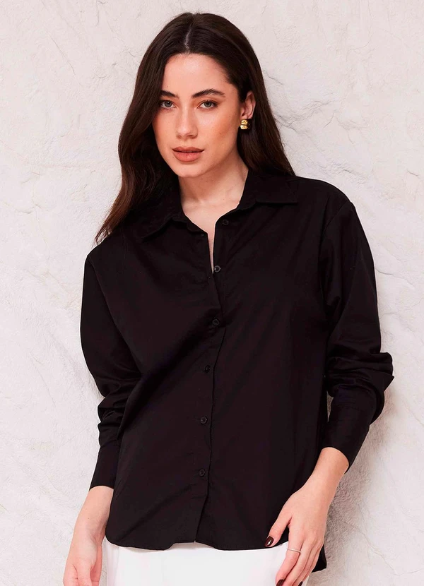 Doce Trama - Camisa Manga Longa em Tricoline Sunset Preto