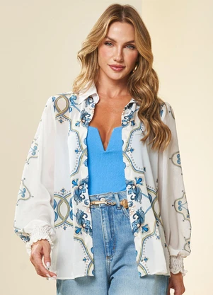 Doce Trama - Camisa Manga Longa Lusitana Estampada Branco - DOCE TRAMA