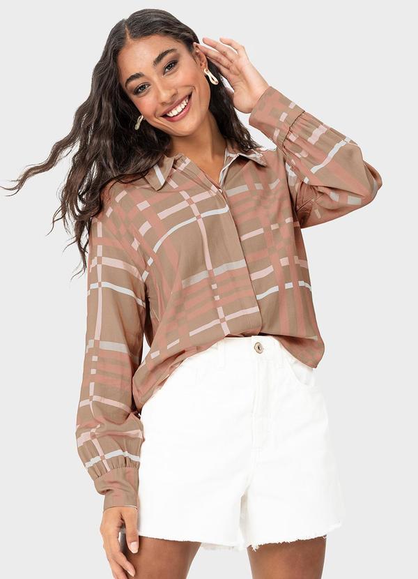 Malwee - Camisa Nude Mullet Xadrez em Viscose Bege