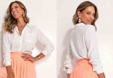 Camisa Off White em Viscose Plana Sarjada