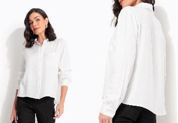 Camisa Off White em Viscose Plana Sarjada