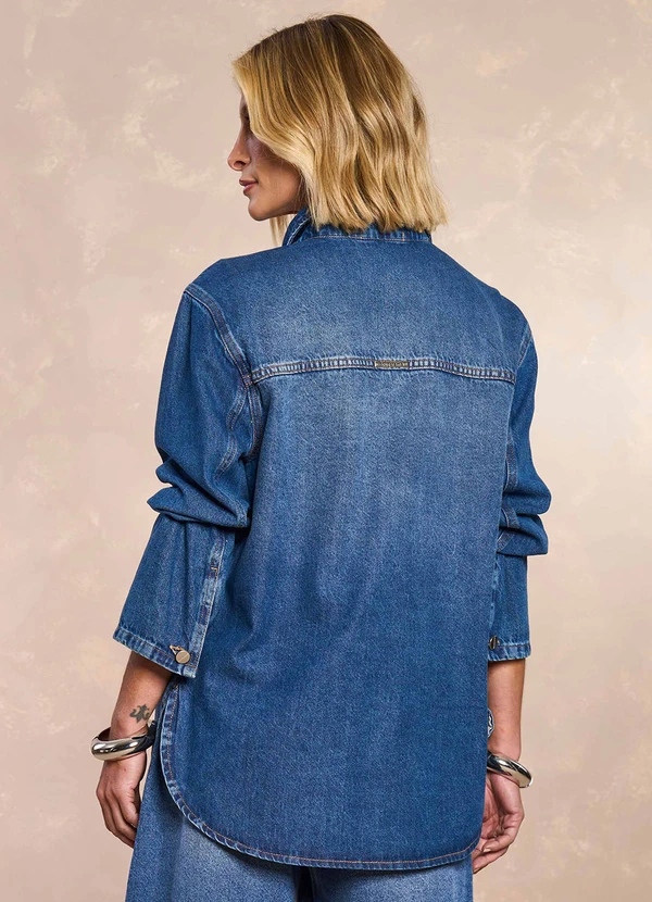 CAMISA OVERSHIRT RETRO GLAM EM DENIM AZUL - DOCE TRAMA