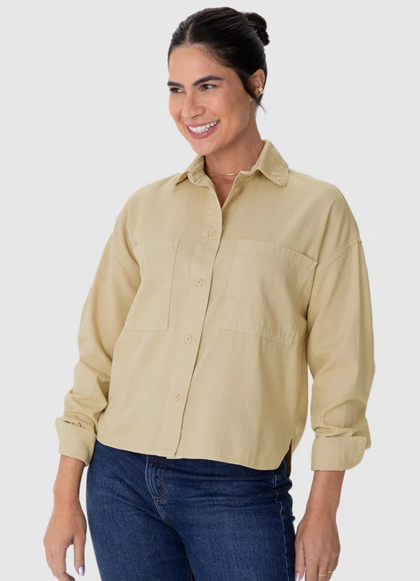 Malwee - Camisa Oversized Cropped em Sarja Areia