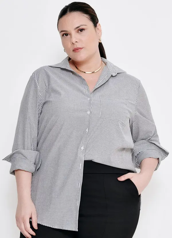 Principessa - Camisa Oversized Listrada Preto e Off White Bia