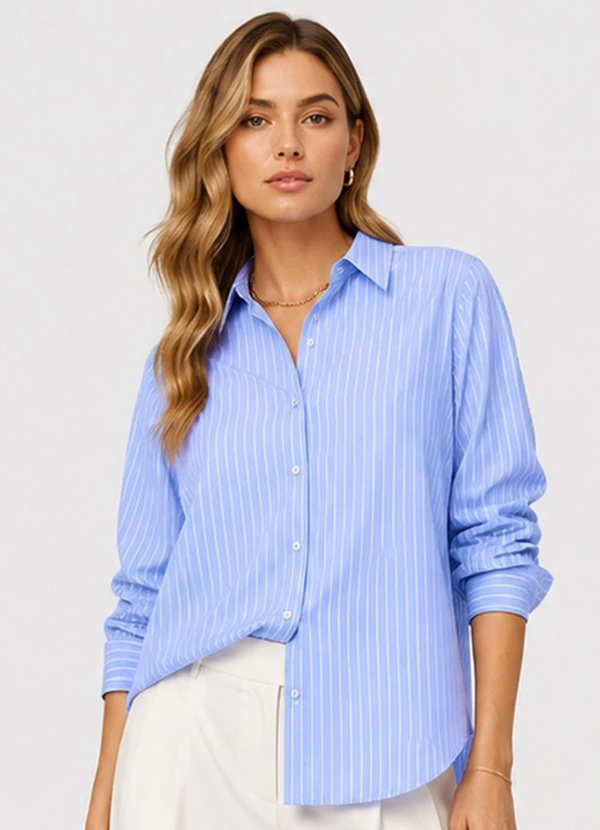 Rovitex - Camisa Oversized Listrada Feminina Azul