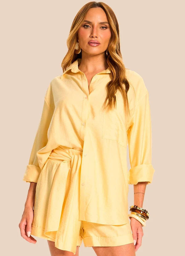 Doce Trama - Camisa Oversized Manga Longa Creponada Amarelo