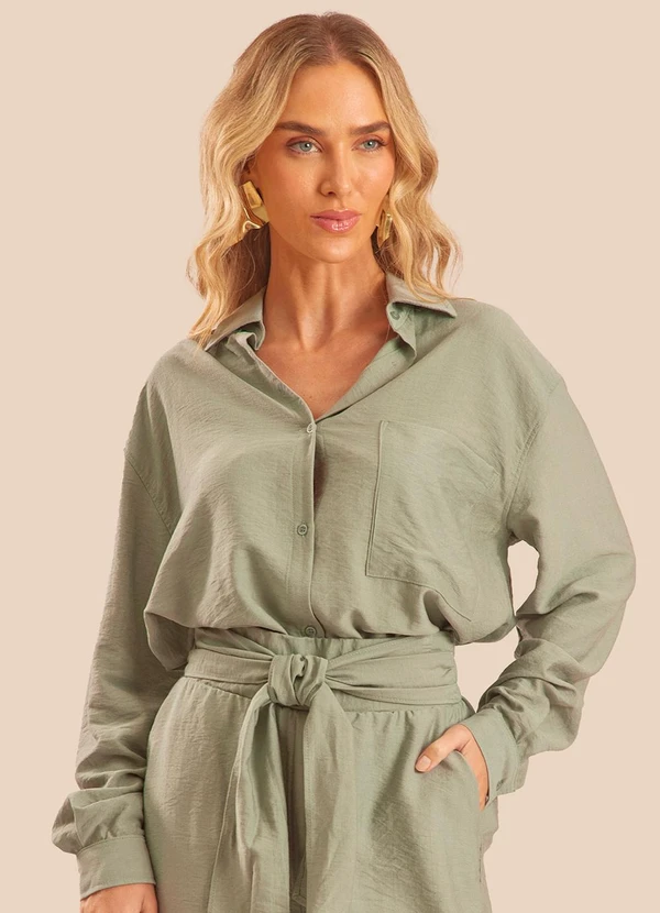 Doce Trama - Camisa Oversized Manga Longa Creponada Verde