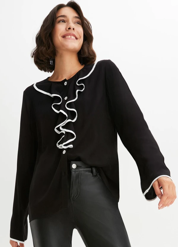 bonprix - Camisa Preta em Viscose Plana