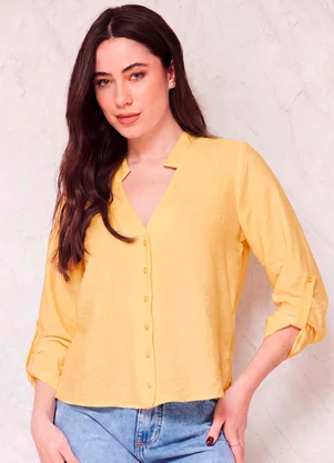 Doce Trama - Camisa Reta Creponada Martingale Sunset Amarelo - DOCE TRAMA