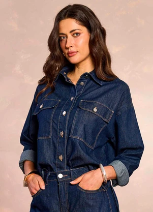 Doce Trama - Camisa Retrô Glam em Denim Azul - DOCE TRAMA