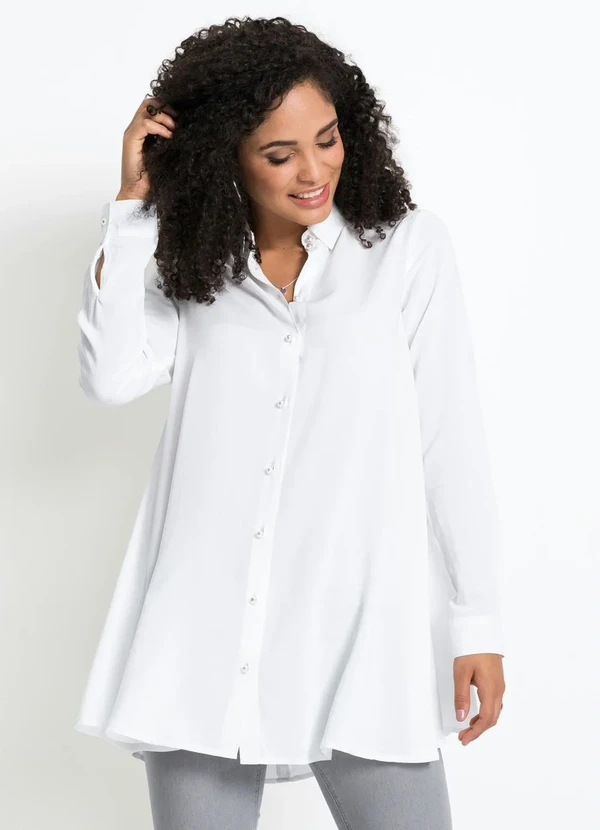bonprix - Camisa Social Fluída com Pérolas Branca