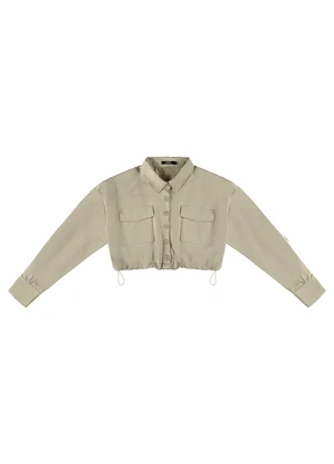 Enfim - Camisa Taupe Cropped Sarjada - ENFIM