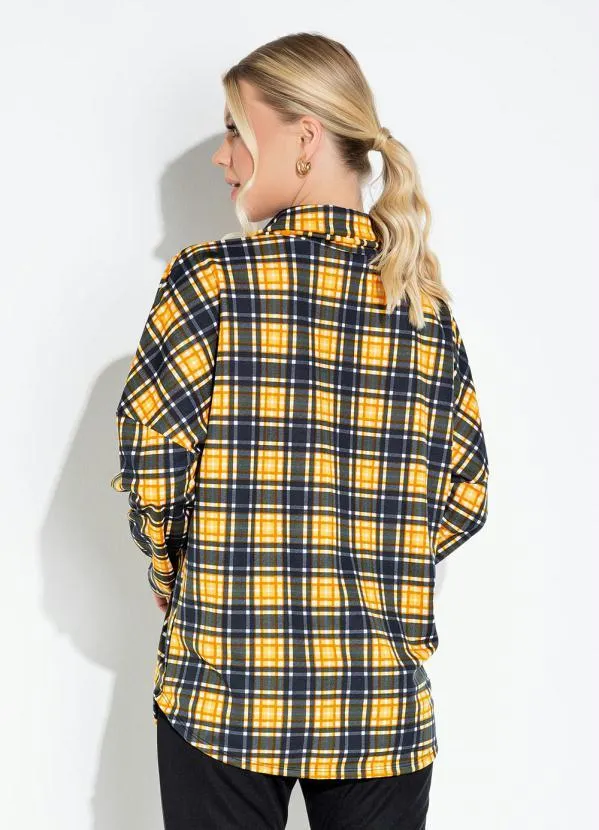 Moda Pop - Camisa Xadrez Amarelo com Botões e Mangas Longas 2
