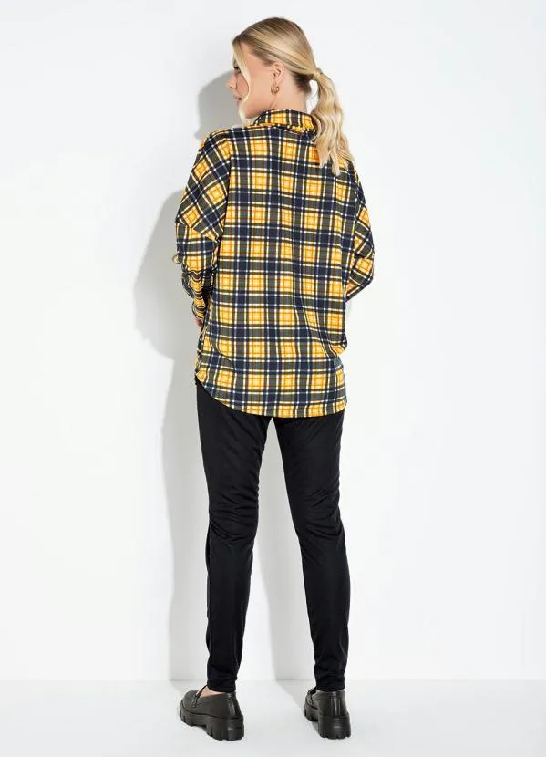 Moda Pop - Camisa Xadrez Amarelo com Botões e Mangas Longas 5