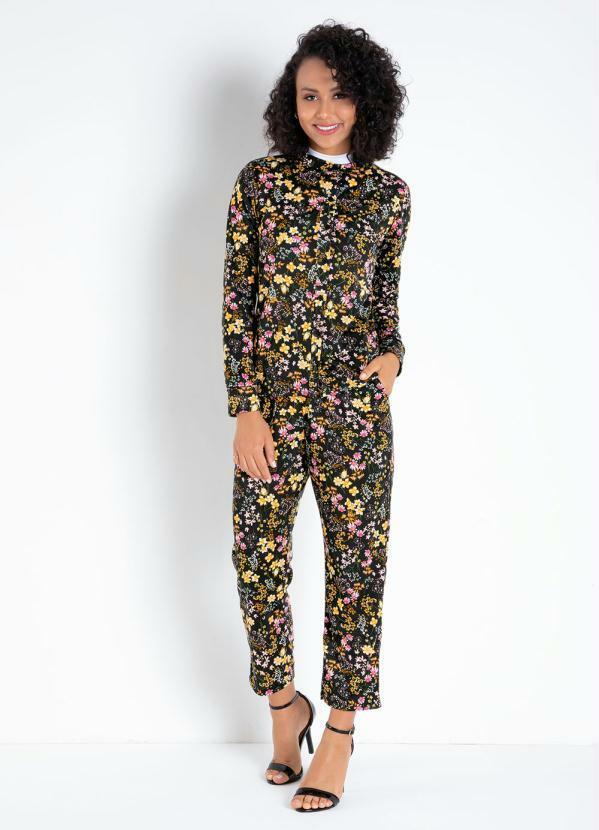 Outlet - Camisete Floral Preto com Botões Funcionais 3