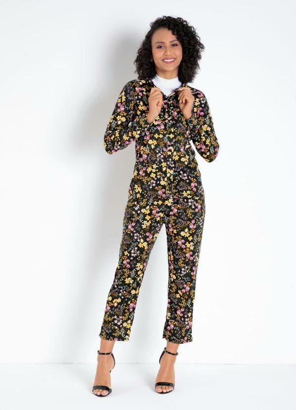 Outlet - Camisete Floral Preto com Botões Funcionais 5