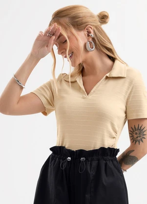 Cativa - Blusa Polo Listrada em Cotton Bege - CATIVA
