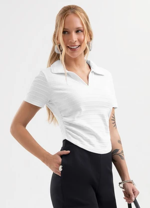Cativa - Blusa Polo Listrada em Cotton Branco - CATIVA