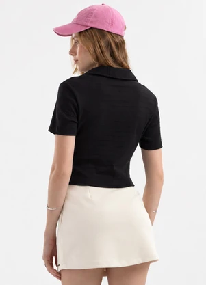 Cativa - Blusa Polo Listrada em Cotton Preto - CATIVA