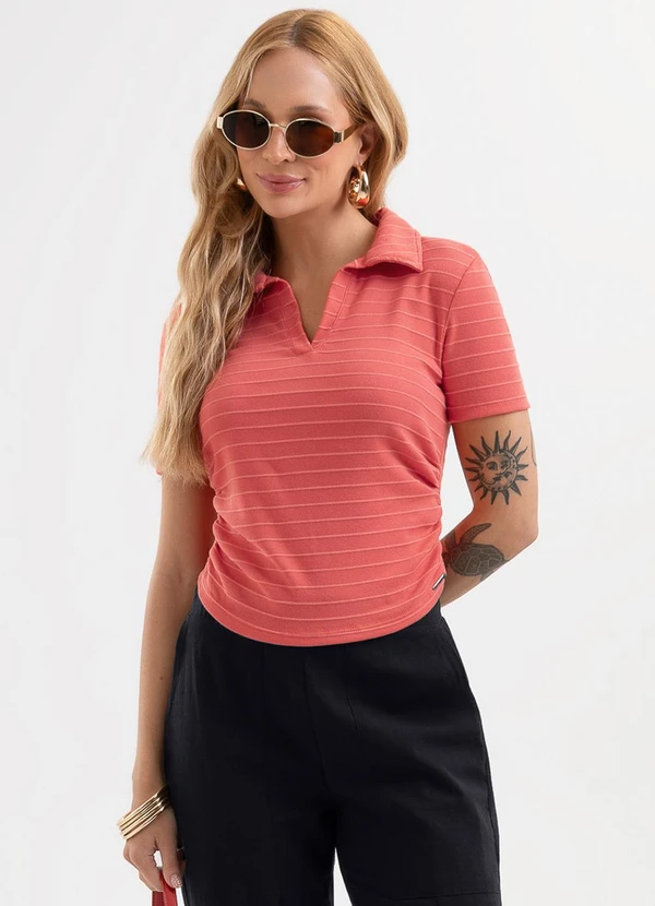 Cativa - Blusa Polo Listrada em Cotton Vermelho