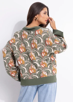 Farm - Casaco Polo Tricot Jacquard Banana da Terra Bege - FARM