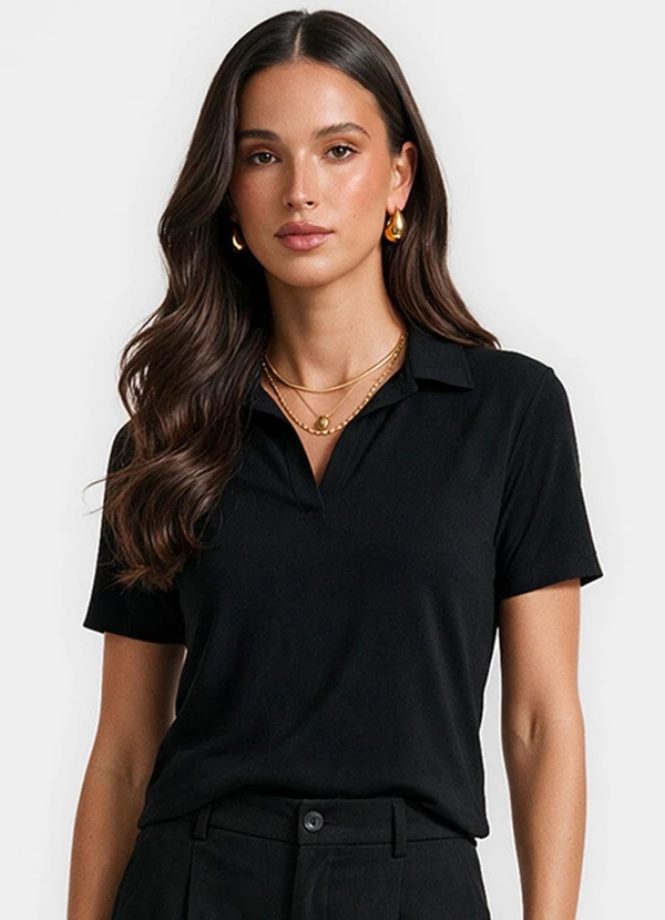 Dianna - Polo Feminina em Tecido Viscose Creponada Preto