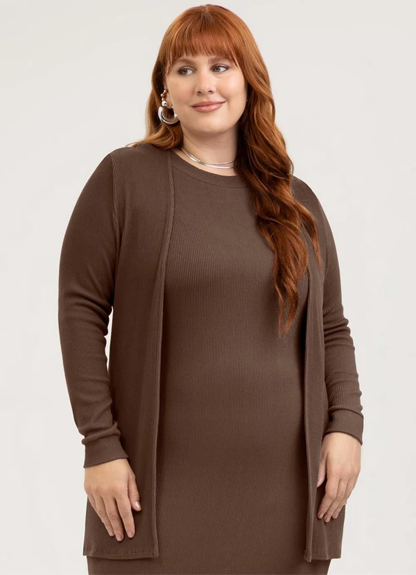 Cativa - Cardigã Plus Size em Canelado Marrom Escuro