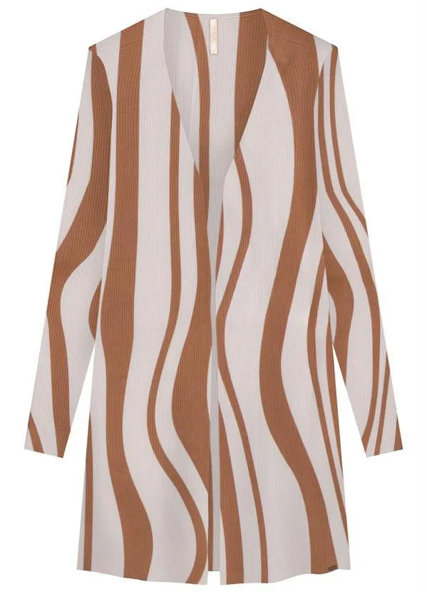 Lunender - Cardigan Alongado Canelado Estampado Bege