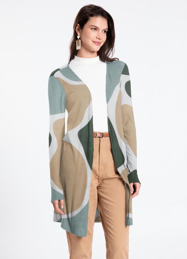 Lunender - Cardigan Alongado Canelado Estampado Verde