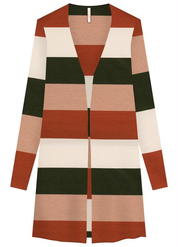 Lunender - Cardigan Alongado Canelado Estampado Verde