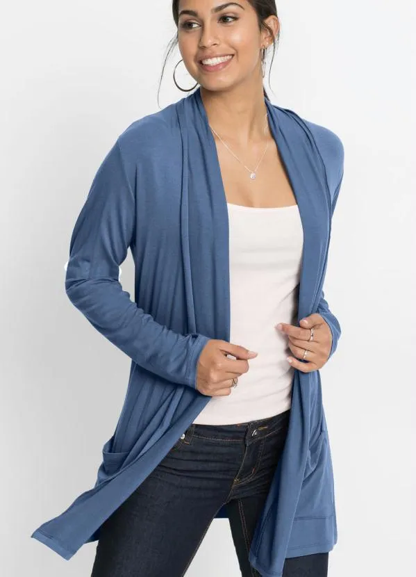 bonprix - Cardigan Alongado com Bolsos Azul Claro 3