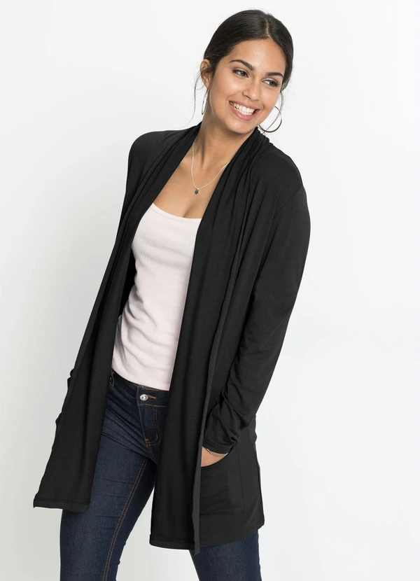 bonprix - Cardigan Alongado com Bolsos Preto