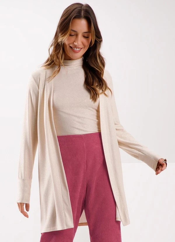 Lunender - Cardigan Alongado com Fios de Lurex Bege