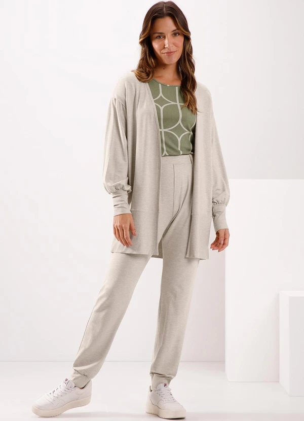 Lunender - Cardigan Alongado com Punho em Moletom Bege 3