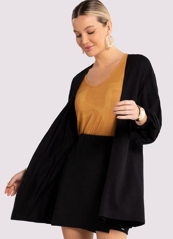 Lunender - Cardigan Alongado em Malha com Manga Bufante Preto