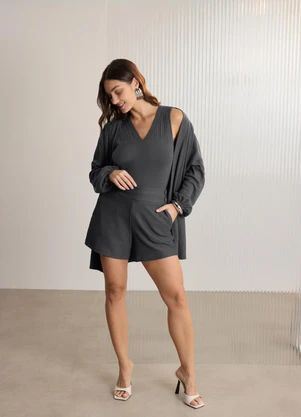 Lunender - Cardigan Alongado em Malha Texturizada Cinza - LUNENDER