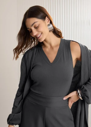 Lunender - Cardigan Alongado em Malha Texturizada Cinza - LUNENDER