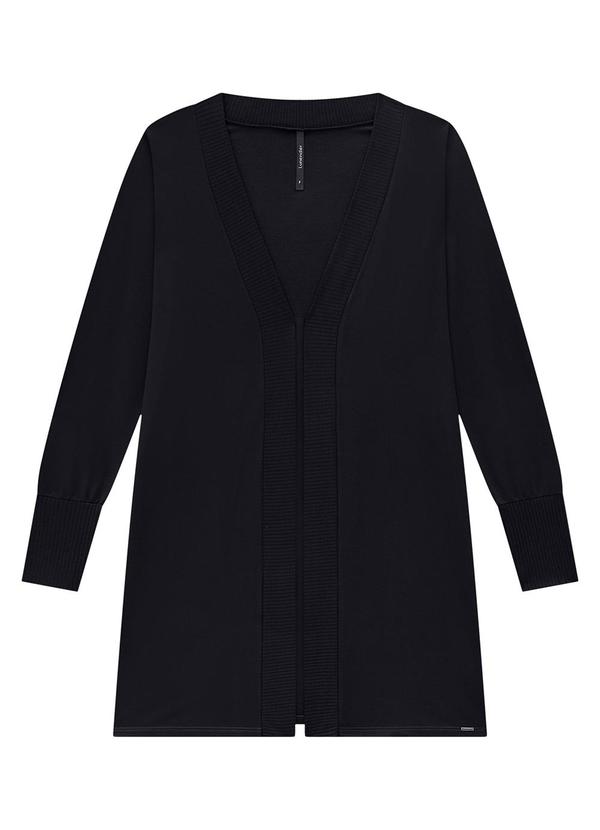 Lunender - Cardigan Alongado em Moletom com Recorte Canelado Preto