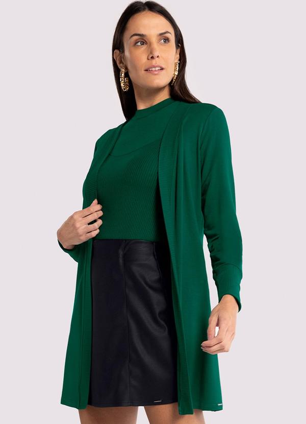 Lunender - Cardigan Alongado em Moletom com Recorte Canelado Verde