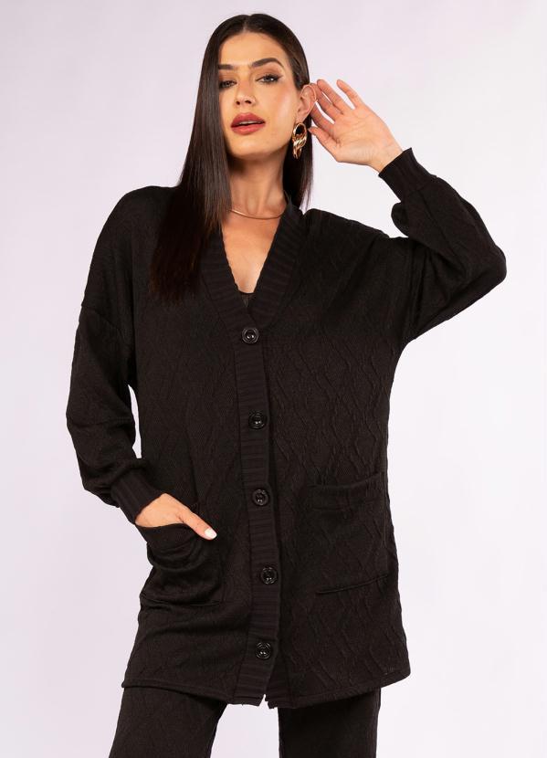 Doce Trama - Cardigan Alongado em Tricot Preto