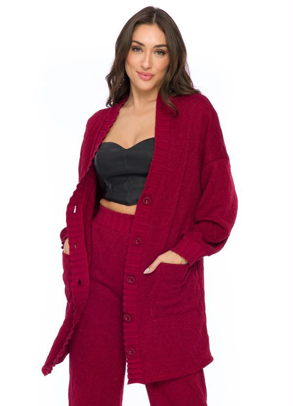 Doce Trama - Cardigan Alongado em Tricot Vermelho