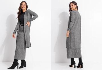 Cardigan Alongado Grafite em Malha Tric� Canelada com Fendas Laterais