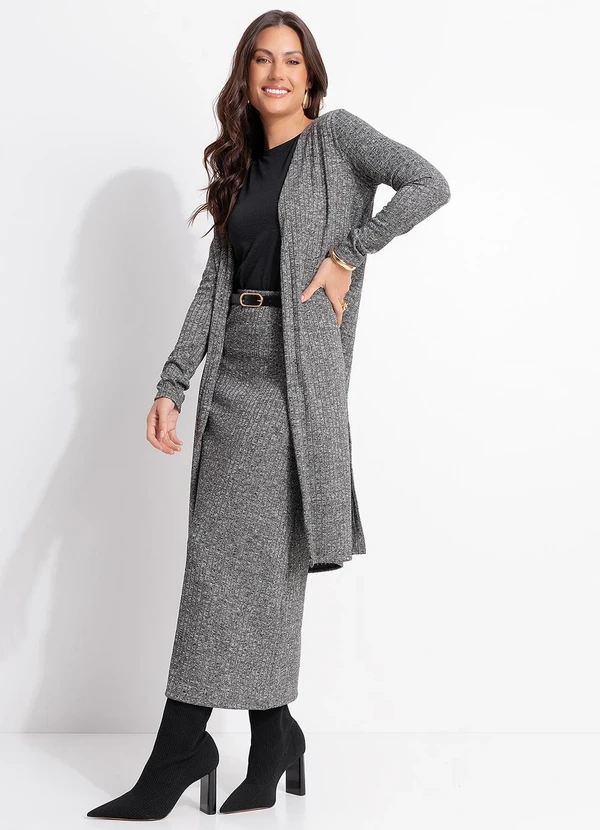 Quintess - Cardigan Alongado Grafite em Malha Tricô Canelada com Fendas Laterais 10