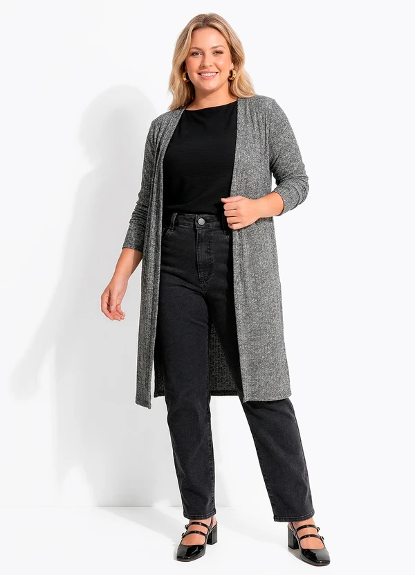 Quintess - Cardigan Alongado Grafite em Malha Tricô Canelada com Fendas Laterais 11