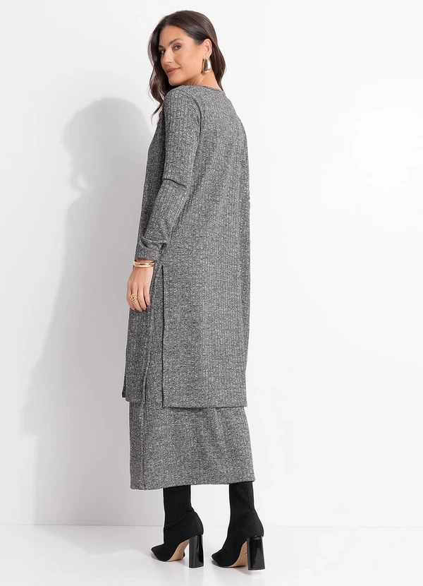 Quintess - Cardigan Alongado Grafite em Malha Tricô Canelada com Fendas Laterais 9