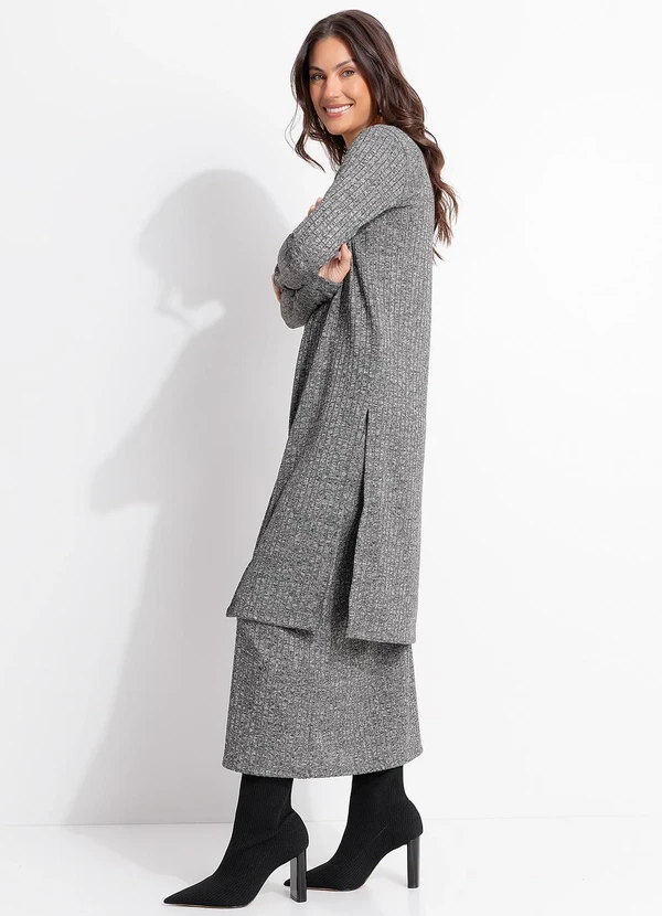 Quintess - Cardigan Alongado Grafite em Malha Tricô Canelada com Fendas Laterais 7