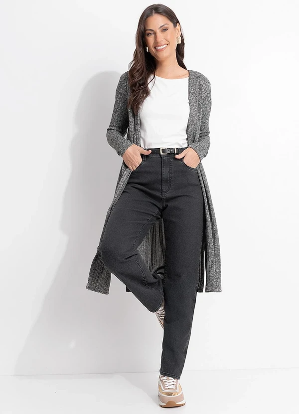Quintess - Cardigan Alongado Grafite em Malha Tricô Canelada com Fendas Laterais 3