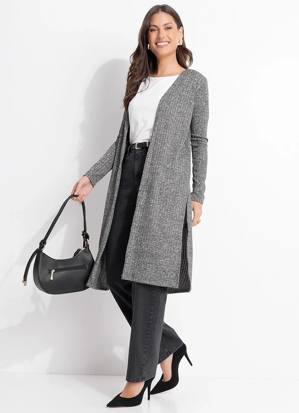 Quintess - Cardigan Alongado Grafite em Malha Tricô Canelada com Fendas Laterais 2