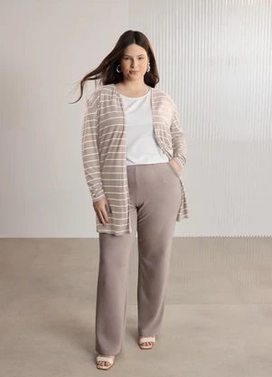 Lunender Mais Mulher - Cardigan Alongado Listrado Plus Size Cinza - LUNENDER MAIS MULHER