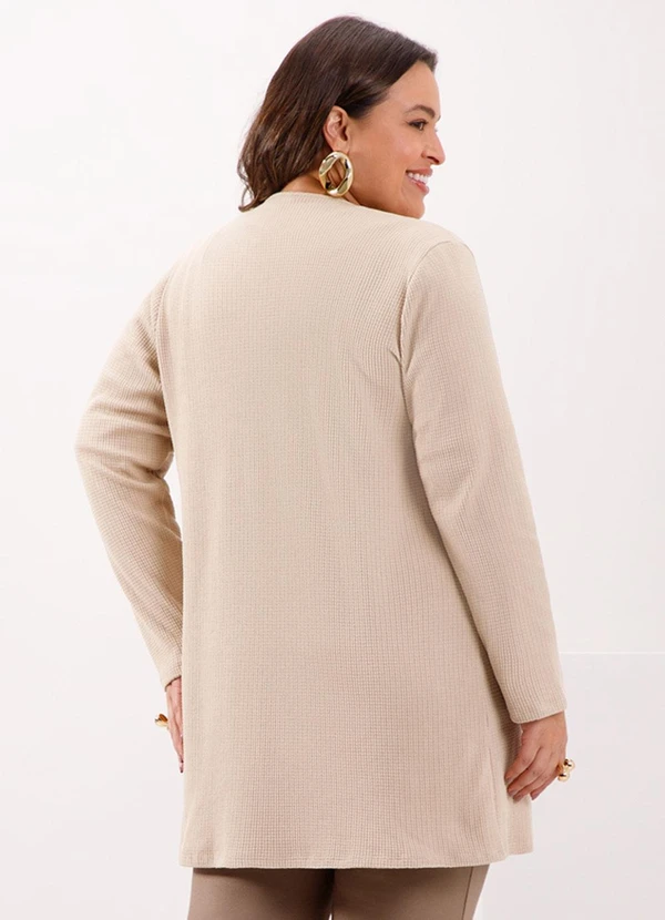 Lunender Mais Mulher - Cardigan Alongado Plus Size em Malha Crochê Bege 2
